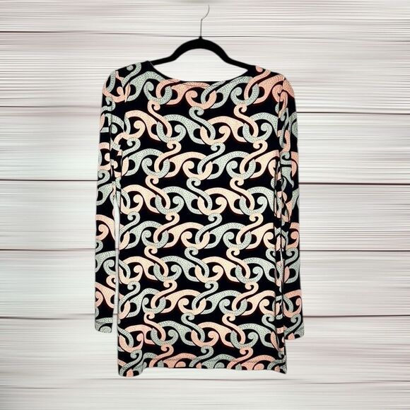 Brooks Brothers Stretch Tunic Top Blouse Abstract Print Black Peach Gray M - Picture 5 of 10